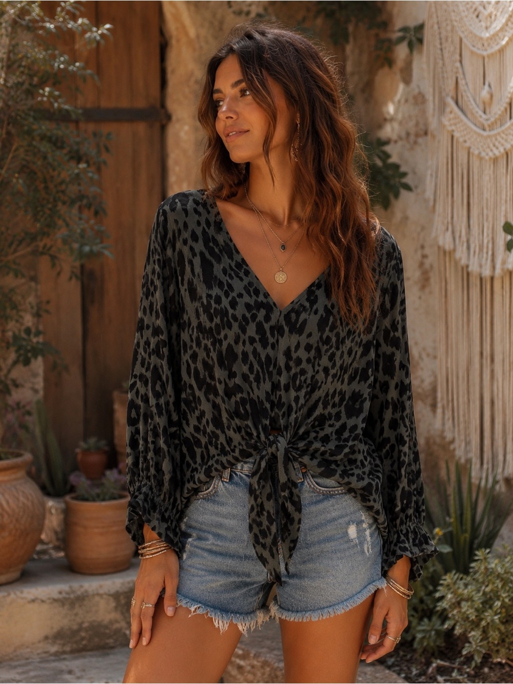 Umgee Olive Leopard Gauze Boho Top